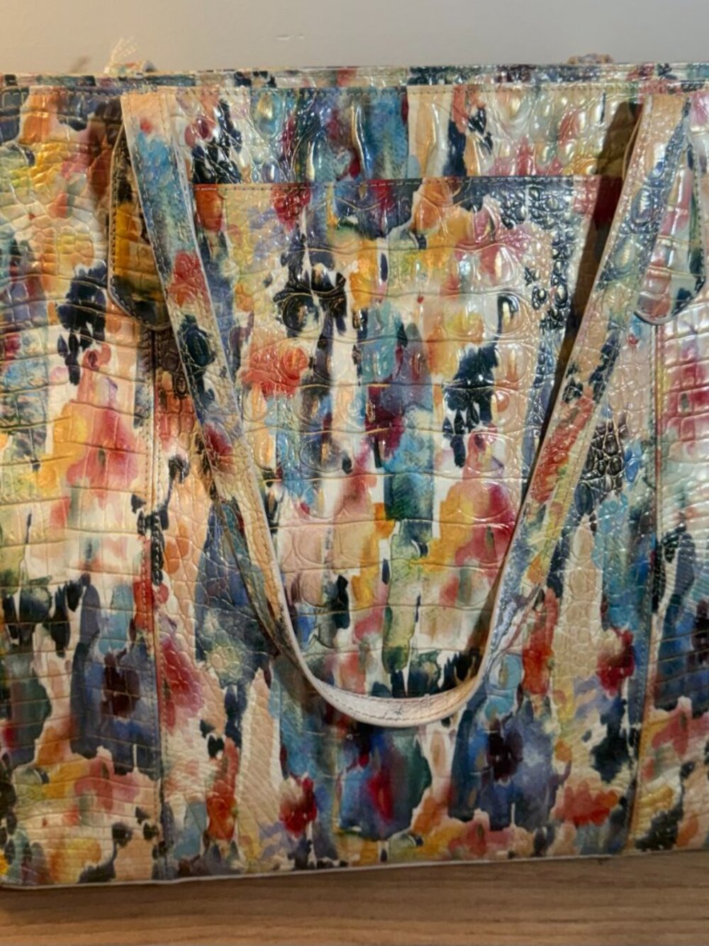Brahmin Multicolor Watercolor Croc Embossed Leather Large Tote Shoulder Bag